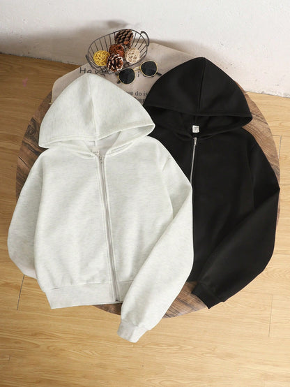 2pcs/Set Teens Girls Loose Casual Solid Color Knitted Zip-Up Hoodies,Black & White,Back-To-School Autumn Winter Matrix Dance Plain Hoodie Clothes