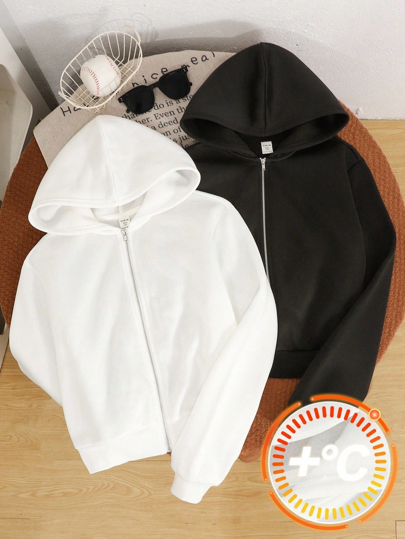 2pcs/Set Teens Girls Loose Casual Solid Color Knitted Zip-Up Hoodies,Black & White,Back-To-School Autumn Winter Matrix Dance Plain Hoodie Clothes