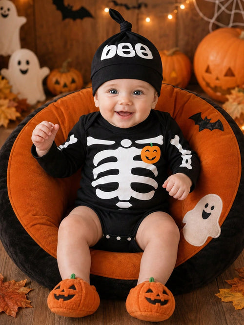 2pcs/Set Toddler Baby Boy Halloween White Skeleton Funny Print Chest Embellishment Playful Smiling Pumpkin Envelope Collar Long Sleeve Romper With Pumpkin Orange Hat, Boy Long Sleeve Romper, Rom