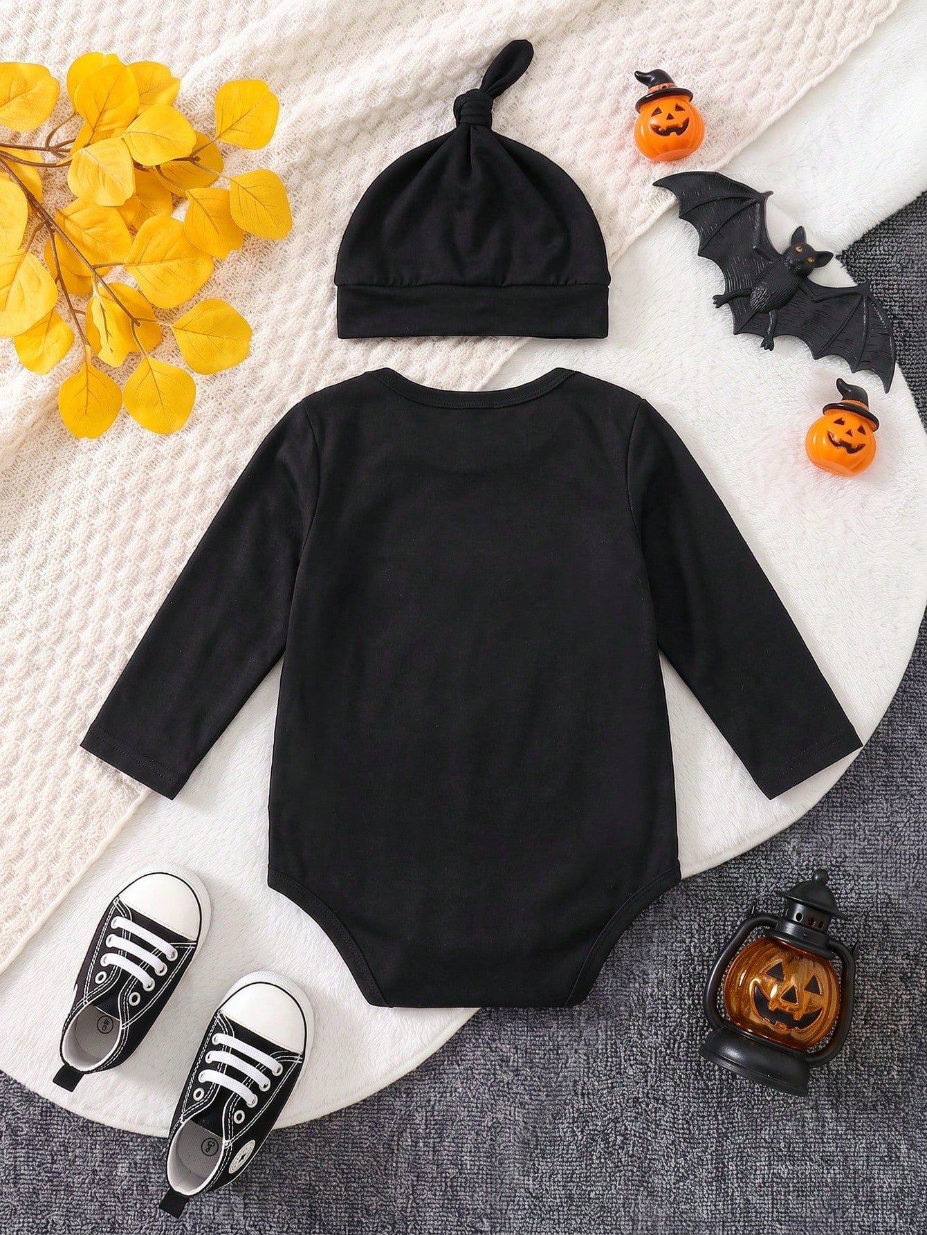2pcs/Set Toddler Baby Boy Halloween White Skeleton Funny Print Chest Embellishment Playful Smiling Pumpkin Envelope Collar Long Sleeve Romper With Pumpkin Orange Hat, Boy Long Sleeve Romper, Rom