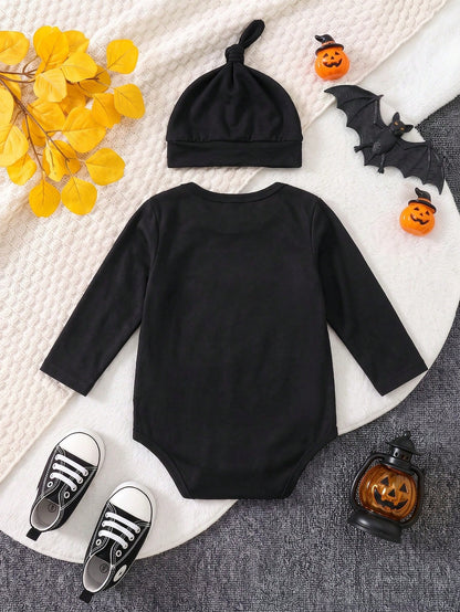 2pcs/Set Toddler Baby Boy Halloween White Skeleton Funny Print Chest Embellishment Playful Smiling Pumpkin Envelope Collar Long Sleeve Romper With Pumpkin Orange Hat, Boy Long Sleeve Romper, Rom
