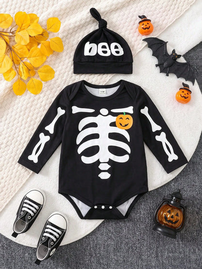 2pcs/Set Toddler Baby Boy Halloween White Skeleton Funny Print Chest Embellishment Playful Smiling Pumpkin Envelope Collar Long Sleeve Romper With Pumpkin Orange Hat, Boy Long Sleeve Romper, Rom