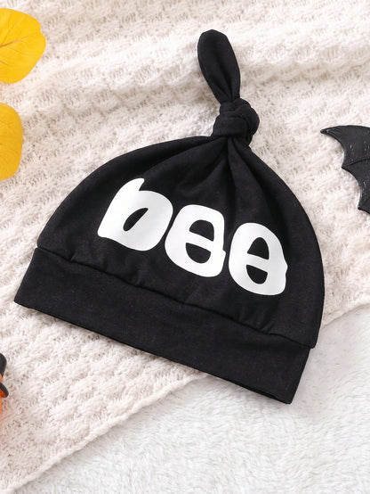 2pcs/Set Toddler Baby Boy Halloween White Skeleton Funny Print Chest Embellishment Playful Smiling Pumpkin Envelope Collar Long Sleeve Romper With Pumpkin Orange Hat, Boy Long Sleeve Romper, Rom