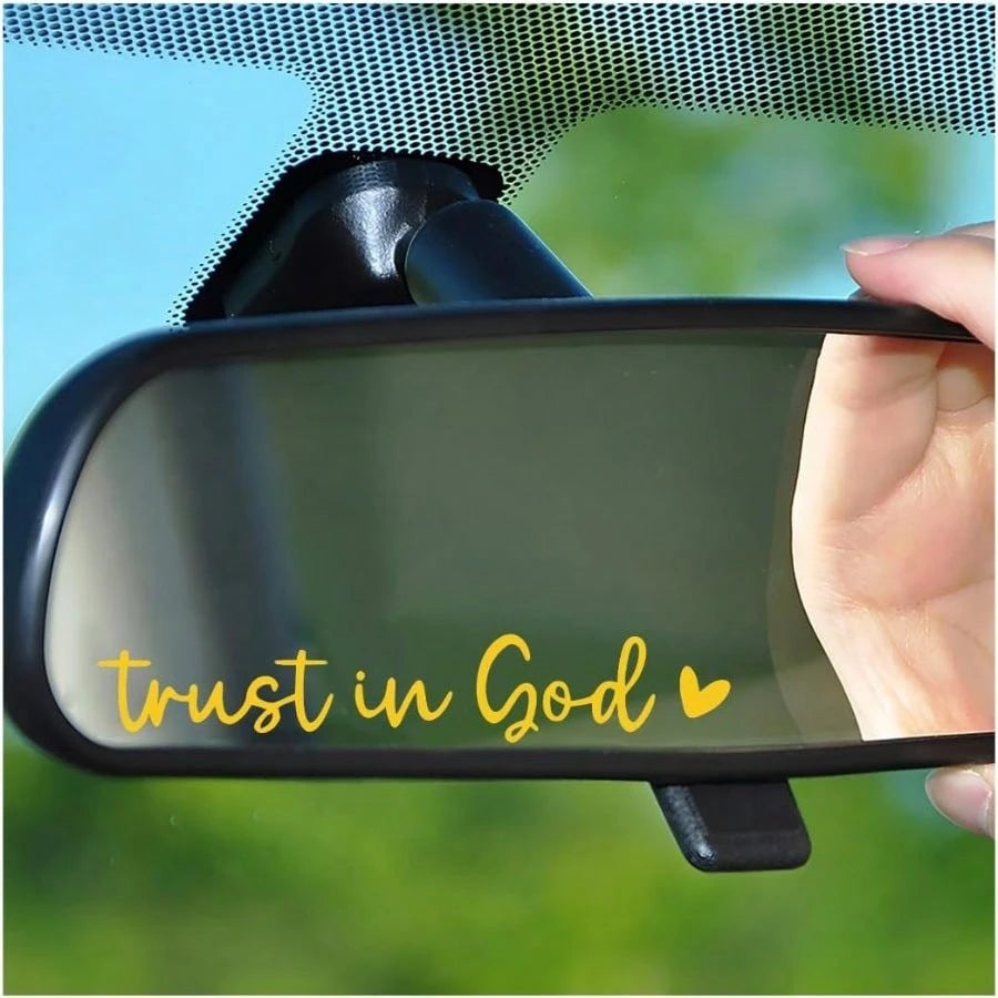 2PCS/Set Trust In God Car Rearview Mirror Decals, Vehicle Rear View Mirror Decorative Stickers, Affirmation Reminder Automotive Wall Bumper Decal Accessories, Universal Fit (Reflective Yellow)