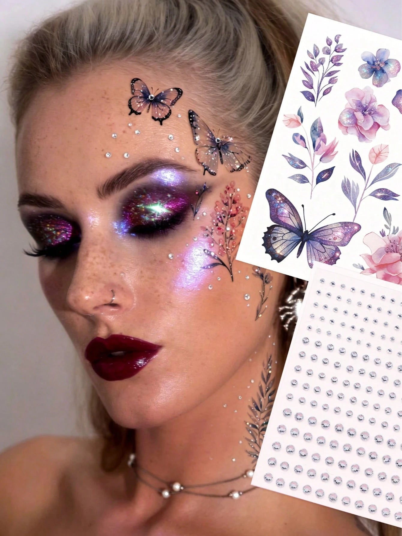 2PCS Shiny Large & Small Pearl Rhinestones + Glitter Floral Butterfly Y2K Face Jewels Self-Adhesive Rhinestones, DIY Concert Music Festival Disco Party Glitter Decorative Gems