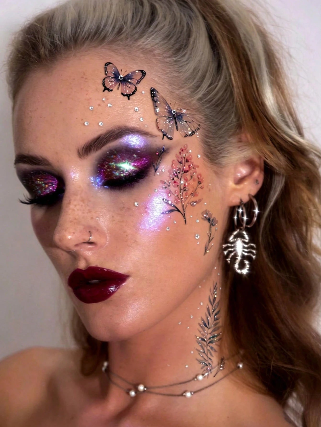 2PCS Shiny Large & Small Pearl Rhinestones + Glitter Floral Butterfly Y2K Face Jewels Self-Adhesive Rhinestones, DIY Concert Music Festival Disco Party Glitter Decorative Gems