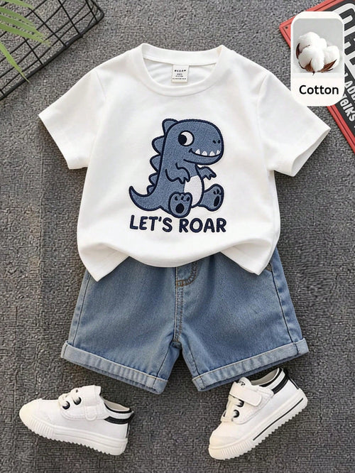 2pcs Toddler Unisex Baby Boy/Girl Casual Cute Dinosaur Embroidered Short Sleeve T-Shirt And Denim Shorts Set,Boy Outfit,Summer Clothes,Streetwear