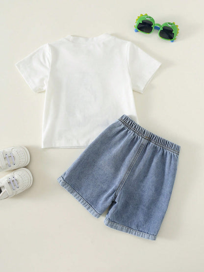 2pcs Toddler Unisex Baby Boy/Girl Casual Cute Dinosaur Embroidered Short Sleeve T-Shirt And Denim Shorts Set,Boy Outfit,Summer Clothes,Streetwear