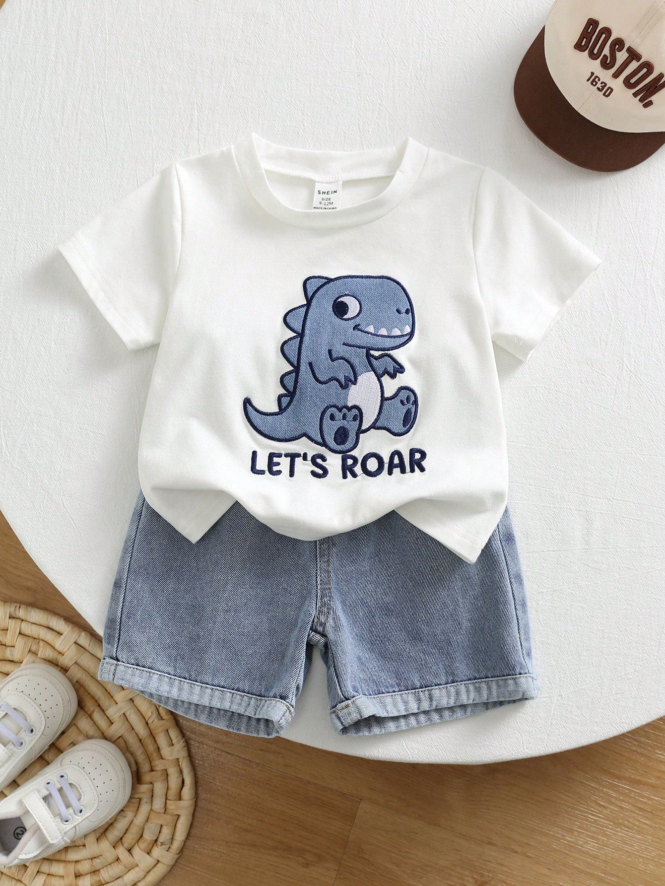 2pcs Toddler Unisex Baby Boy/Girl Casual Cute Dinosaur Embroidered Short Sleeve T-Shirt And Denim Shorts Set,Boy Outfit,Summer Clothes,Streetwear