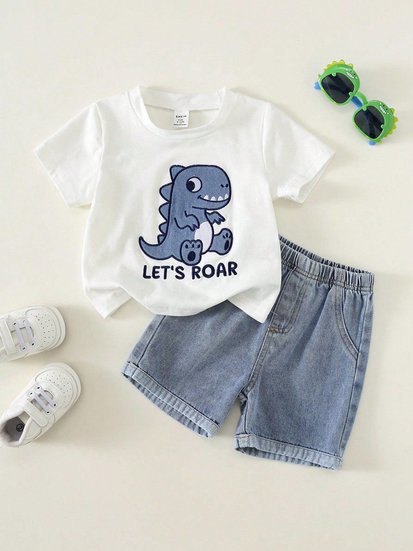 2pcs Toddler Unisex Baby Boy/Girl Casual Cute Dinosaur Embroidered Short Sleeve T-Shirt And Denim Shorts Set,Boy Outfit,Summer Clothes,Streetwear