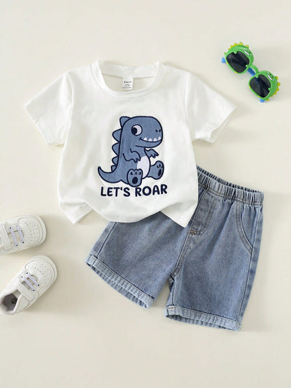 2pcs Toddler Unisex Baby Boy/Girl Casual Cute Dinosaur Embroidered Short Sleeve T-Shirt And Denim Shorts Set,Boy Outfit,Summer Clothes,Streetwear