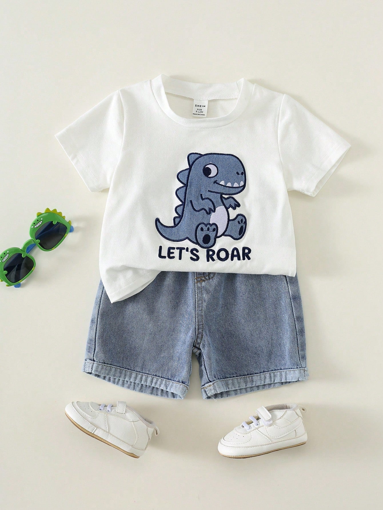 2pcs Toddler Unisex Baby Boy/Girl Casual Cute Dinosaur Embroidered Short Sleeve T-Shirt And Denim Shorts Set,Boy Outfit,Summer Clothes,Streetwear