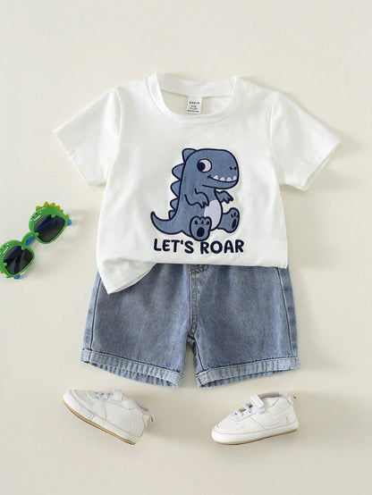 2pcs Toddler Unisex Baby Boy/Girl Casual Cute Dinosaur Embroidered Short Sleeve T-Shirt And Denim Shorts Set,Boy Outfit,Summer Clothes,Streetwear