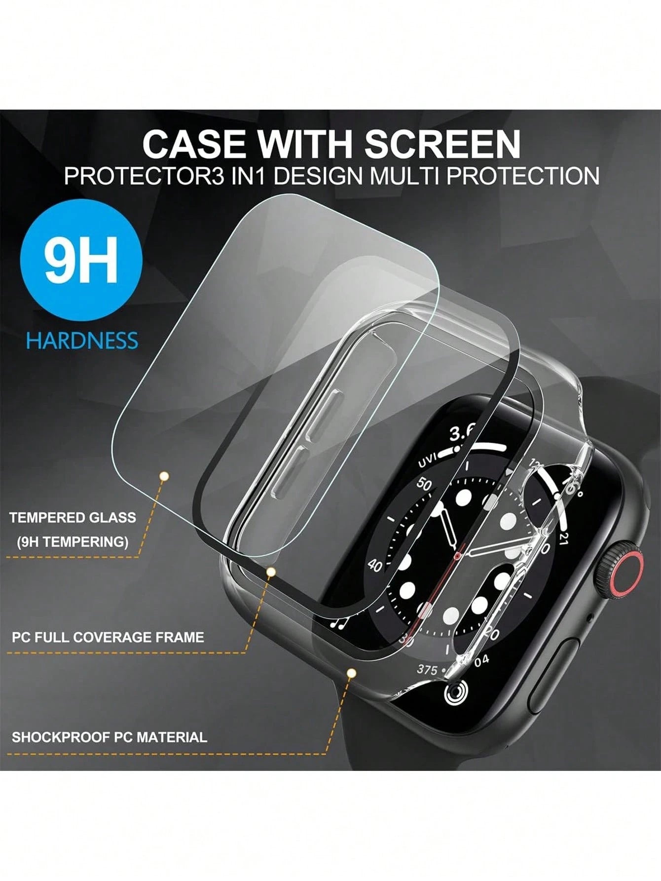 2pcs Transparent PC + Tempered Glass Integrated Watch Case, Anti-Drop Fashionable Protective Cover, Compatible With Apple Watch 38/40/41/42/44/45/46/49mm, Compatible With Apple Watch Series Ultra/SE/1