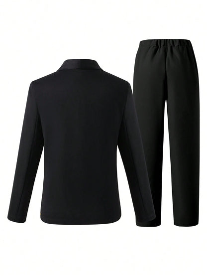 2pcs Tween Boy Gentlemen Outfit Set:Long Sleeve Black Jacket+Long Pants,Elegant Traditional Formal Wear For Wedding,Birthday Party,Graduation Winter