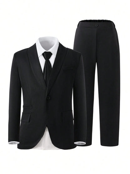 2pcs Tween Boy Gentlemen Outfit Set:Long Sleeve Black Jacket+Long Pants,Elegant Traditional Formal Wear For Wedding,Birthday Party,Graduation Winter