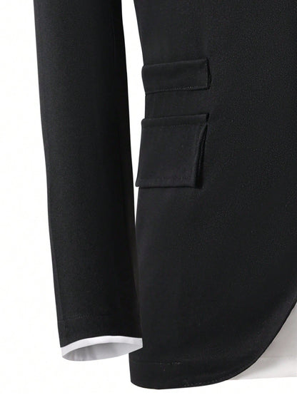 2pcs Tween Boy Gentlemen Outfit Set:Long Sleeve Black Jacket+Long Pants,Elegant Traditional Formal Wear For Wedding,Birthday Party,Graduation Winter