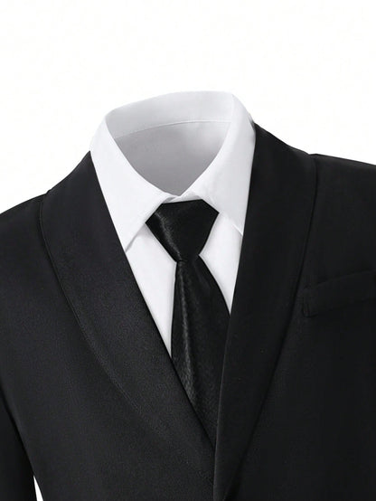 2pcs Tween Boy Gentlemen Outfit Set:Long Sleeve Black Jacket+Long Pants,Elegant Traditional Formal Wear For Wedding,Birthday Party,Graduation Winter
