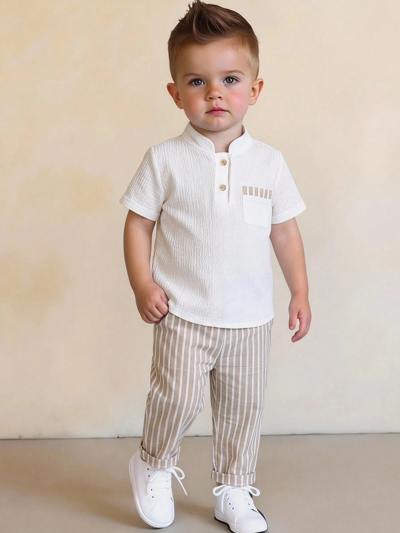 2pcs Unisex Baby Boy/Girl Casual Vacation Style Knit Short Sleeve Polo Shirt And Striped Pants Set, Baby Boy Outfit Sets, Baby Boy Summer Clothes