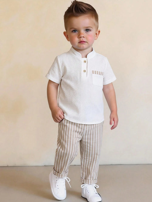 2pcs Unisex Baby Boy/Girl Casual Vacation Style Knit Short Sleeve Polo Shirt And Striped Pants Set, Baby Boy Outfit Sets, Baby Boy Summer Clothes