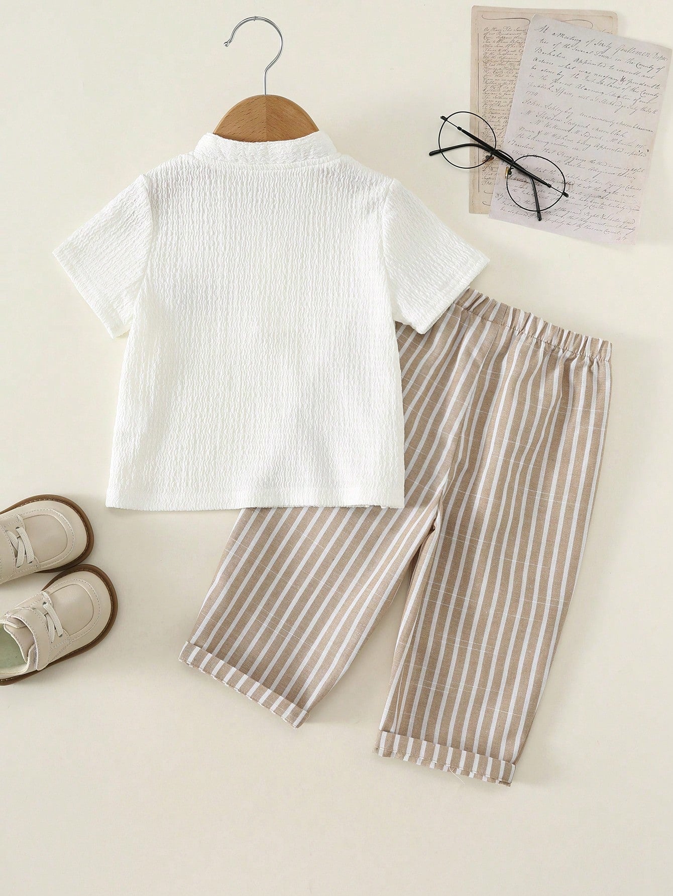 2pcs Unisex Baby Boy/Girl Casual Vacation Style Knit Short Sleeve Polo Shirt And Striped Pants Set, Baby Boy Outfit Sets, Baby Boy Summer Clothes