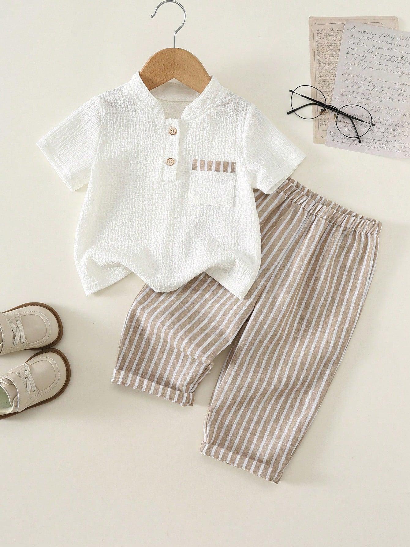 2pcs Unisex Baby Boy/Girl Casual Vacation Style Knit Short Sleeve Polo Shirt And Striped Pants Set, Baby Boy Outfit Sets, Baby Boy Summer Clothes