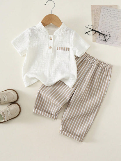 2pcs Unisex Baby Boy/Girl Casual Vacation Style Knit Short Sleeve Polo Shirt And Striped Pants Set, Baby Boy Outfit Sets, Baby Boy Summer Clothes