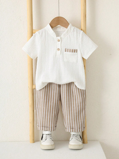 2pcs Unisex Baby Boy/Girl Casual Vacation Style Knit Short Sleeve Polo Shirt And Striped Pants Set, Baby Boy Outfit Sets, Baby Boy Summer Clothes