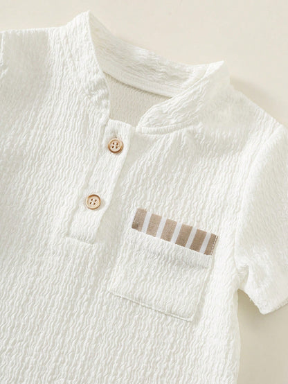 2pcs Unisex Baby Boy/Girl Casual Vacation Style Knit Short Sleeve Polo Shirt And Striped Pants Set, Baby Boy Outfit Sets, Baby Boy Summer Clothes