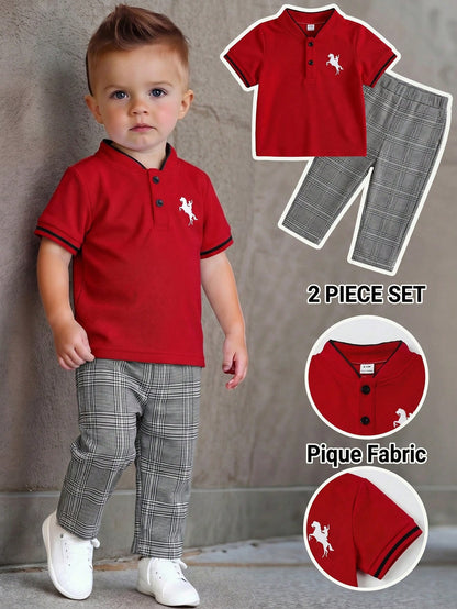 2pcs Unisex Baby Boy/Girl Casual Vacation Style Knit Short Sleeve Polo Shirt And Striped Pants Set, Baby Boy Outfit Sets, Baby Boy Summer Clothes