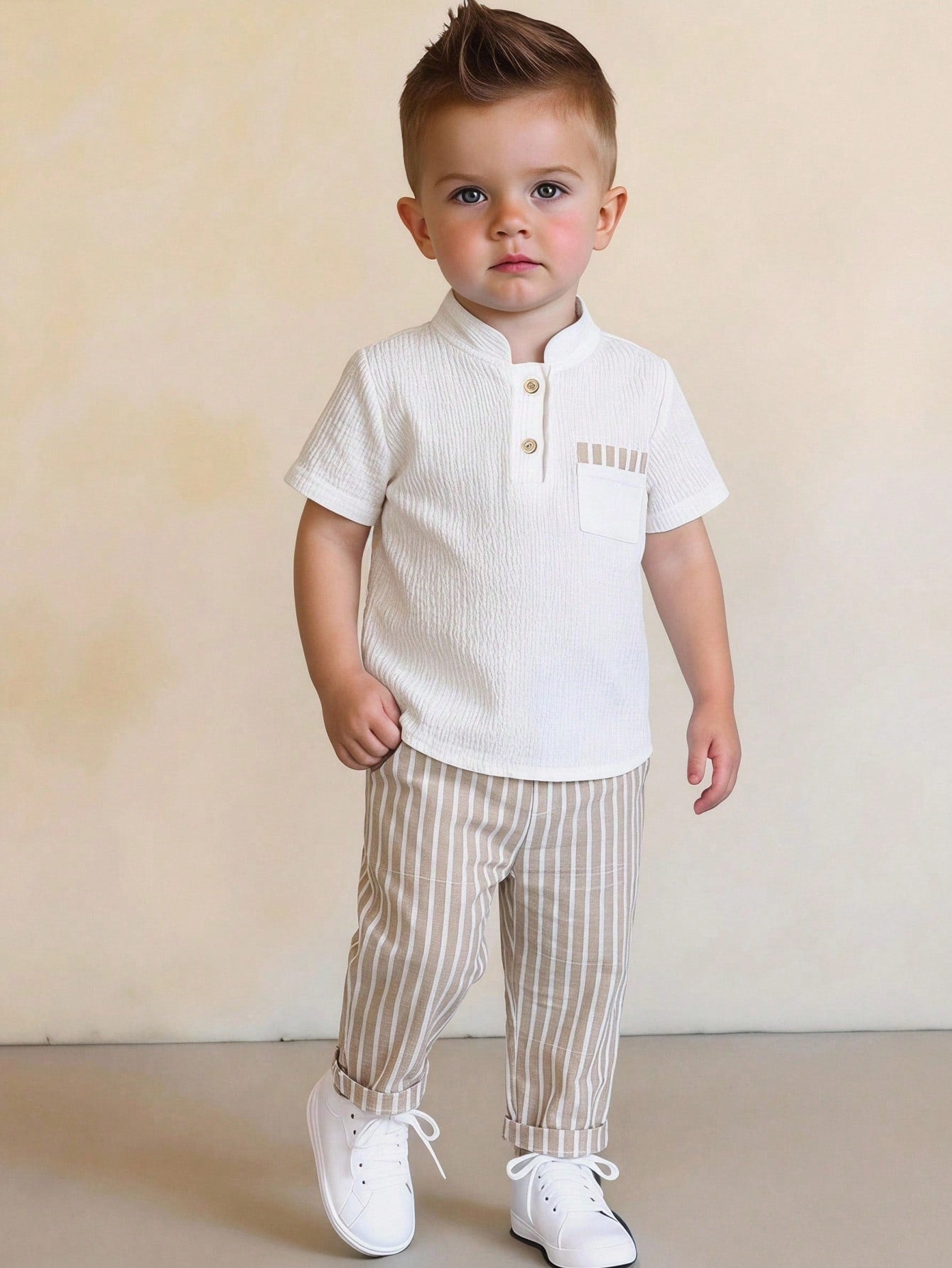2pcs Unisex Baby Boy/Girl Casual Vacation Style Knit Short Sleeve Polo Shirt And Striped Pants Set, Baby Boy Outfit Sets, Baby Boy Summer Clothes