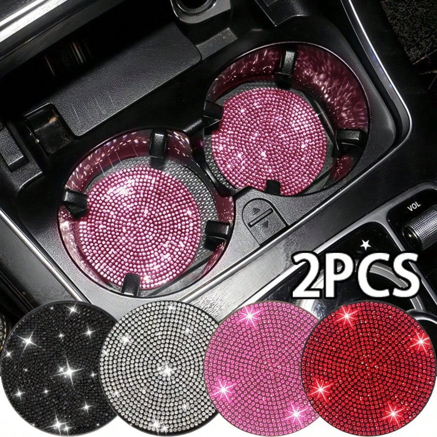 2pcs Universal Car Rhinestone Cup Holder Inserts, Silicone Non-Slip Waterproof, Sparkling Rhinestone Design, Multiple Colors Available, Interior Decoration Accessory