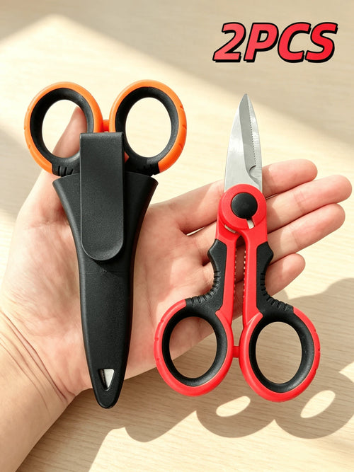 2PCS Versatile Stainless Steel Scissors-Multi-Color Braided Line Cutter & Stripper, Ergonomic Handle, Electrician's Shears For Cutting Fabric, Paper, And Cable-Serrated Design For Easy Cutting, Durabl