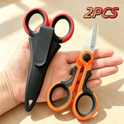 2PCS Versatile Stainless Steel Scissors-Multi-Color Braided Line Cutter & Stripper, Ergonomic Handle, Electrician's Shears For Cutting Fabric, Paper, And Cable-Serrated Design For Easy Cutting, Durabl