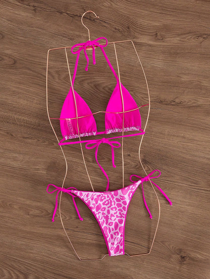 2pcs Women's Leopard Print Tie-Up Sexy Bikini Set, Suitable For Beach Vacation Summer