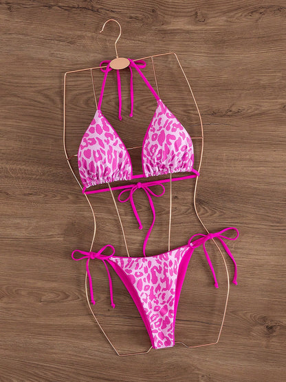 2pcs Women's Leopard Print Tie-Up Sexy Bikini Set, Suitable For Beach Vacation Summer