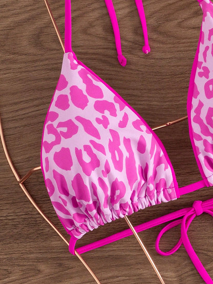 2pcs Women's Leopard Print Tie-Up Sexy Bikini Set, Suitable For Beach Vacation Summer