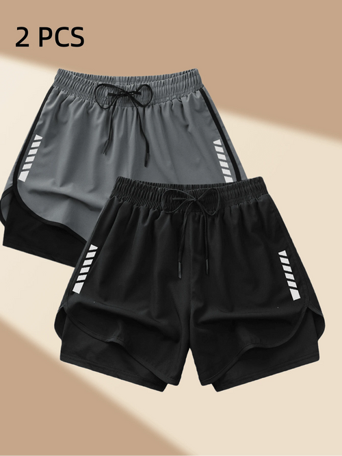 2pcs Women's Sports Shorts| Quick-Drying Polyester & Spandex Blended Fabric|,| Adjustable Drawstring Waistband Design| Geometric Pattern| Black