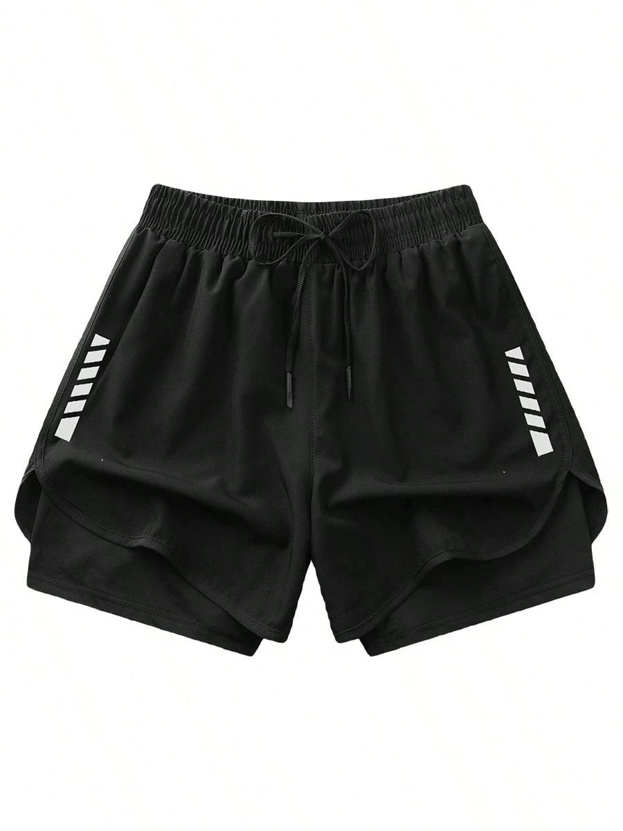 2pcs Women's Sports Shorts| Quick-Drying Polyester & Spandex Blended Fabric|,| Adjustable Drawstring Waistband Design| Geometric Pattern| Black