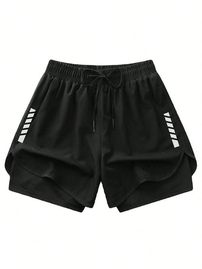 2pcs Women's Sports Shorts| Quick-Drying Polyester & Spandex Blended Fabric|,| Adjustable Drawstring Waistband Design| Geometric Pattern| Black