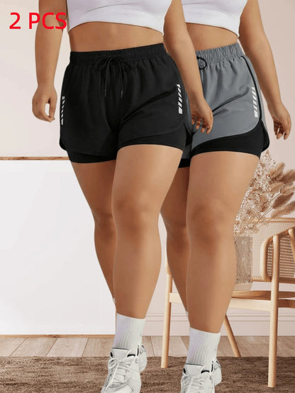 2pcs Women's Sports Shorts| Quick-Drying Polyester & Spandex Blended Fabric|,| Adjustable Drawstring Waistband Design| Geometric Pattern| Black