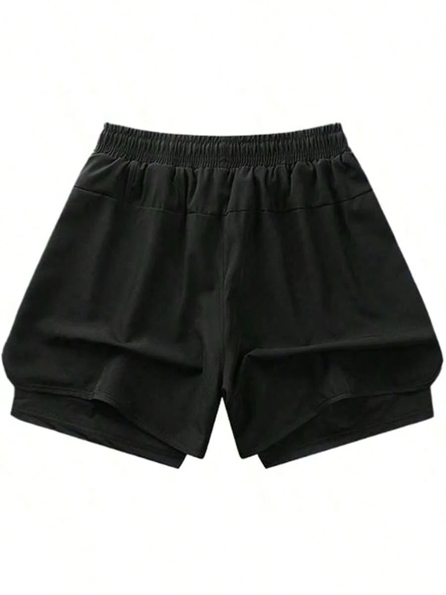 2pcs Women's Sports Shorts| Quick-Drying Polyester & Spandex Blended Fabric|,| Adjustable Drawstring Waistband Design| Geometric Pattern| Black