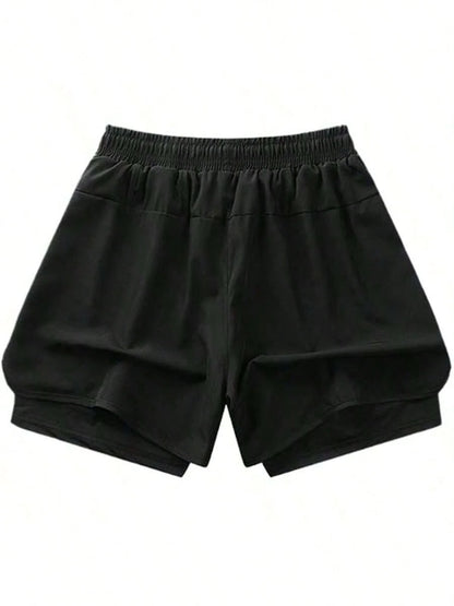 2pcs Women's Sports Shorts| Quick-Drying Polyester & Spandex Blended Fabric|,| Adjustable Drawstring Waistband Design| Geometric Pattern| Black