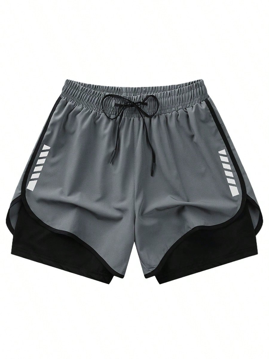 2pcs Women's Sports Shorts| Quick-Drying Polyester & Spandex Blended Fabric|,| Adjustable Drawstring Waistband Design| Geometric Pattern| Black