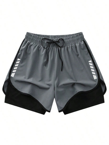 2pcs Women's Sports Shorts| Quick-Drying Polyester & Spandex Blended Fabric|,| Adjustable Drawstring Waistband Design| Geometric Pattern| Black