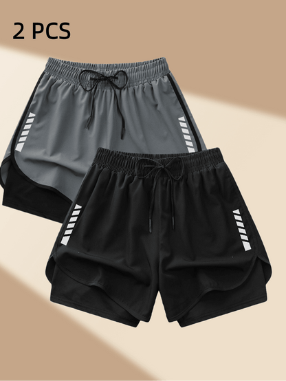 2pcs Women's Sports Shorts| Quick-Drying Polyester & Spandex Blended Fabric|,| Adjustable Drawstring Waistband Design| Geometric Pattern| Black
