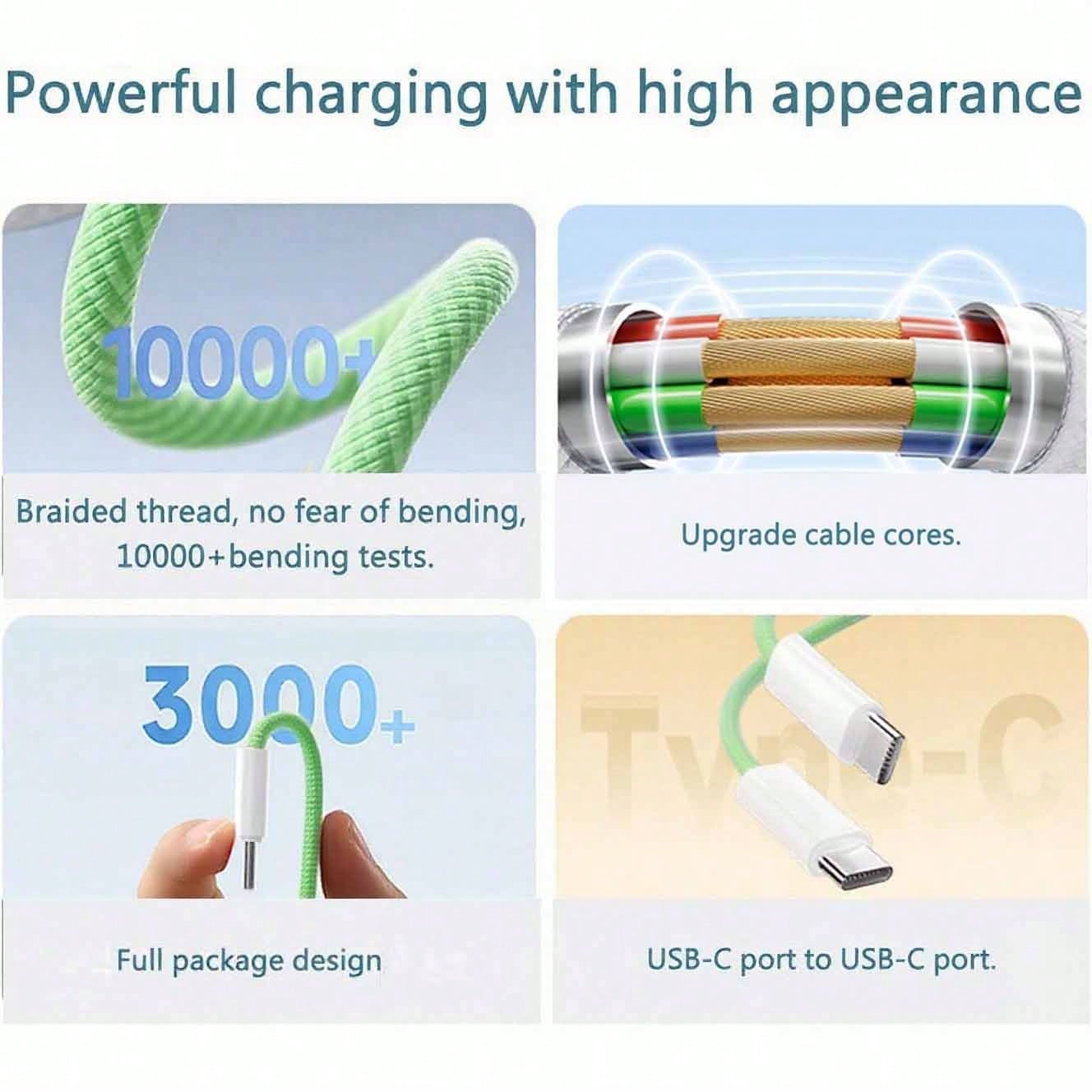 3.3/6.6/10ft USB-C To Type-C Fast Charging Data Cable, Nylon Braided, Compatible With IPhone 17/16/15/Pro/Pro Max/IPad, And Other Android Phones, Supports 60W~18W Fast Charging, Suitable For Indoor/Ou