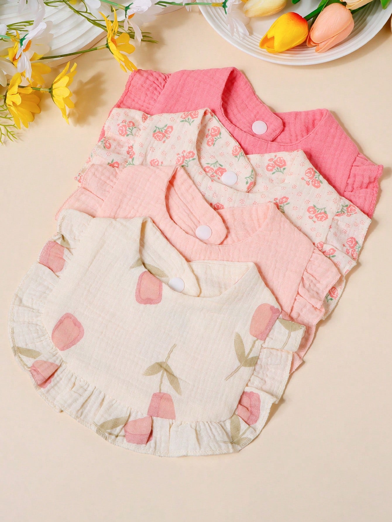 3/4pcs Baby Rose & Tulip Print Bibs With Ruffle Trim, Solid Color Soft Drool Bibs