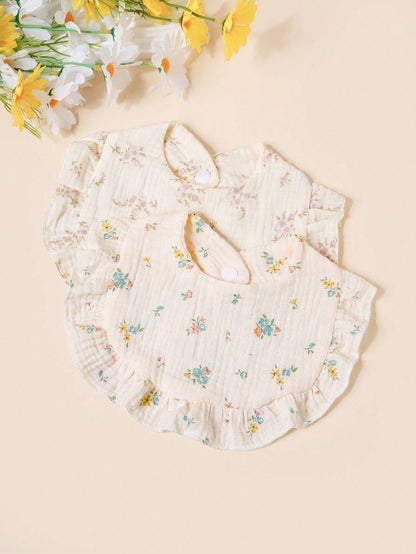 3/4pcs Baby Rose & Tulip Print Bibs With Ruffle Trim, Solid Color Soft Drool Bibs