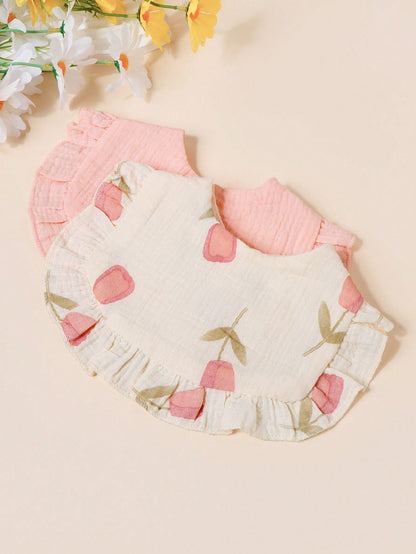3/4pcs Baby Rose & Tulip Print Bibs With Ruffle Trim, Solid Color Soft Drool Bibs